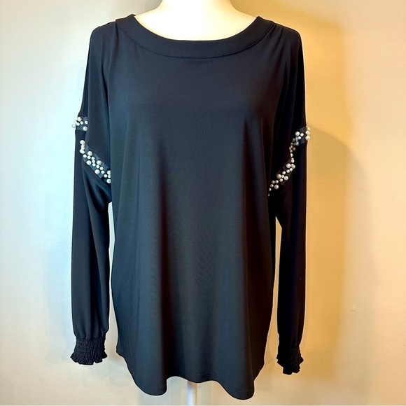 Last Tango Black Long Sleeve Embellished Pearls Medium Smocked Sleeve Stretchy - Picture 1 of 12